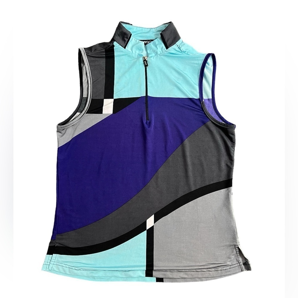DKNY GOLF Women’s Block Patterned Blue and Grey Sleeveless 1/4 zip Top - small